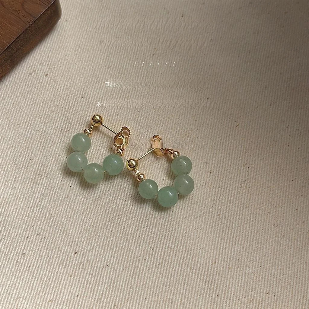 Fresh Forest Green Aventurine Round Geometric Copper Stud Earrings For Women