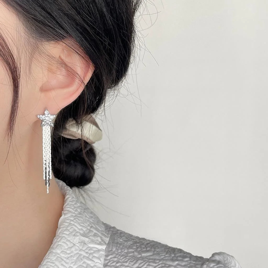 Copper Micro Pave Zircon Star Tassel Waterfall Drop Earrings Long European American Style