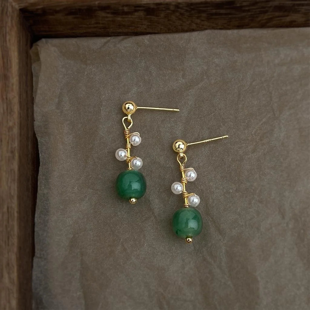 New Chinese Handmade Copper Stud Earrings With Green Jade Pearl Waterdrop Wire Wrapped Geometric Design
