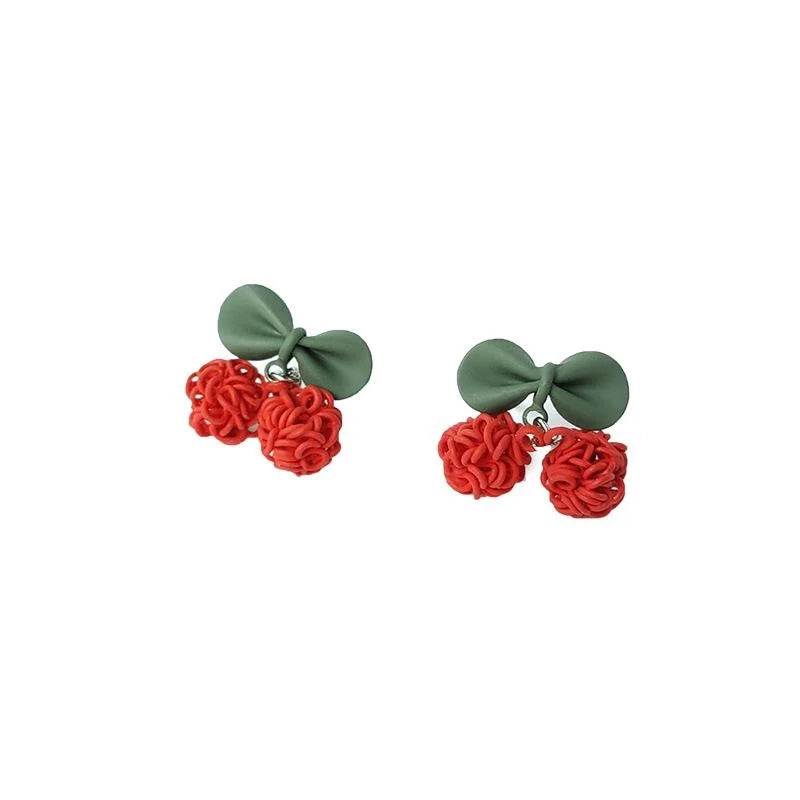 Sweet Cherry Stud Earrings Copper Enamel Leaf Fruit Jewelry
