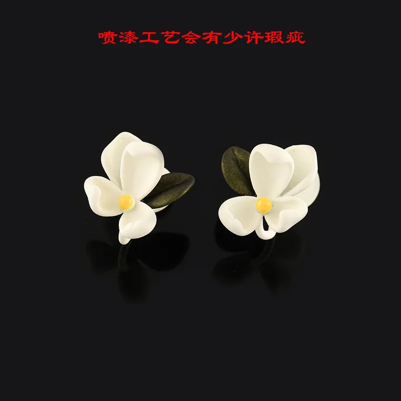 Elegant White Enamel Gardenia Flower Stud & Clip On No Piercing Matte Petal Summer Fashion Earrings