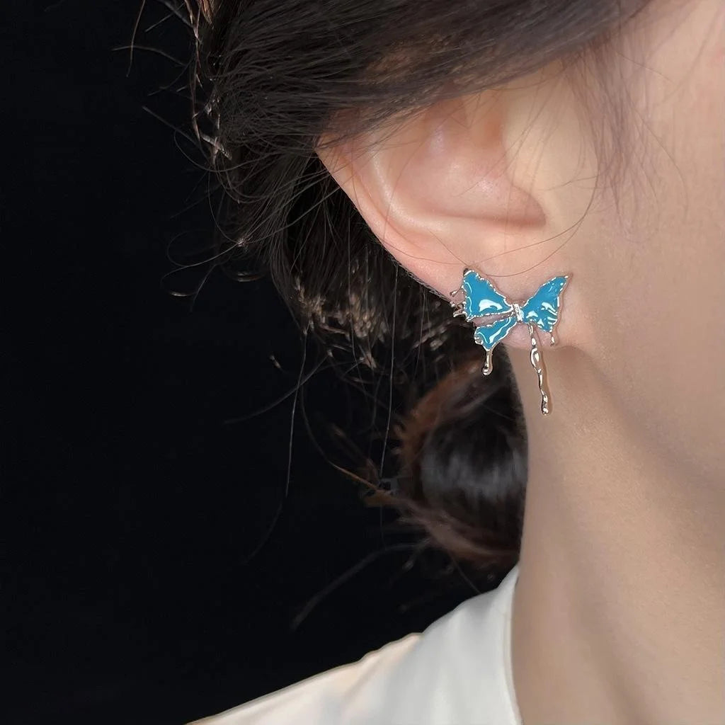 Sweet Cool Haze Blue Butterfly Enamel Wing Stud Earrings, Copper
