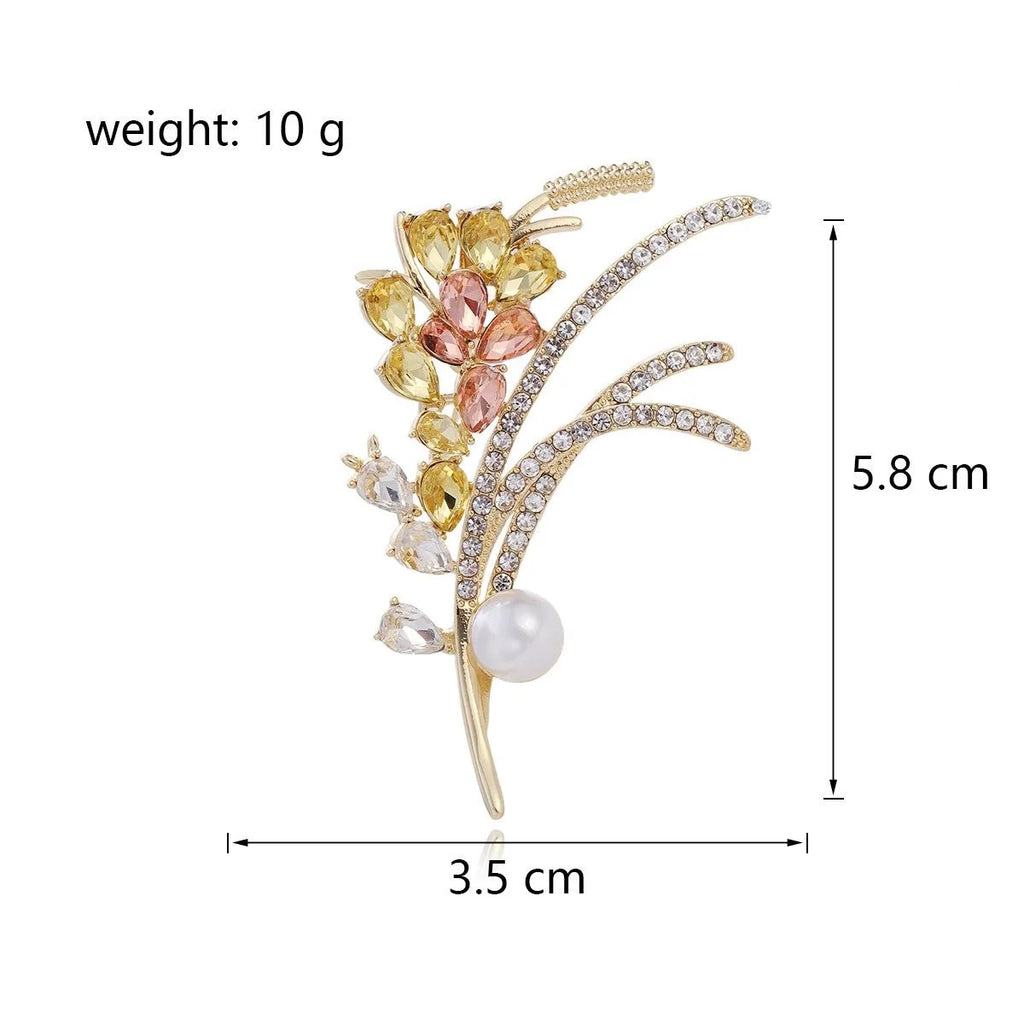 Elegant Wheat Ear Flower Brooch With Rhinestone Crystal Pearl, Gold Alloy Lapel Pin Corsage Suit Accessory