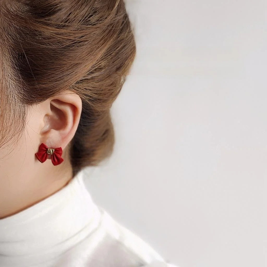 Hepburn Style Enamel Bow Stud Earrings Copper Japanese Korean Elegant Small Ear Jewelry
