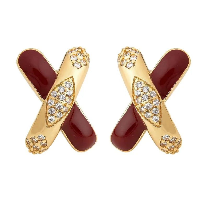 Rococo Burgundy Enamel Drip Glaze Zircon Copper Geometric Cross Stud Earrings
