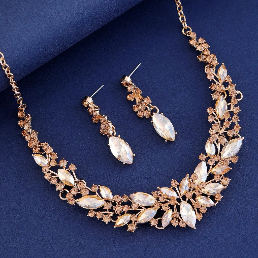 Luxury Crystal Leaf Necklace And Earrings Jewelry Set, Elegant Rhinestone Bridal Jewelry For Wedding Party