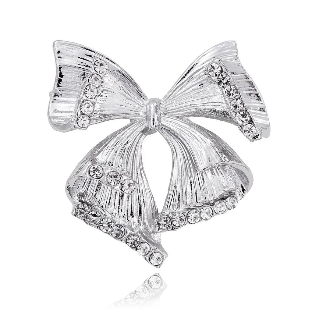 Elegant Silver Alloy Bow Brooch With Sparkling Rhinestones, Women's Lapel Pin Corsage Suit Accessory Gift