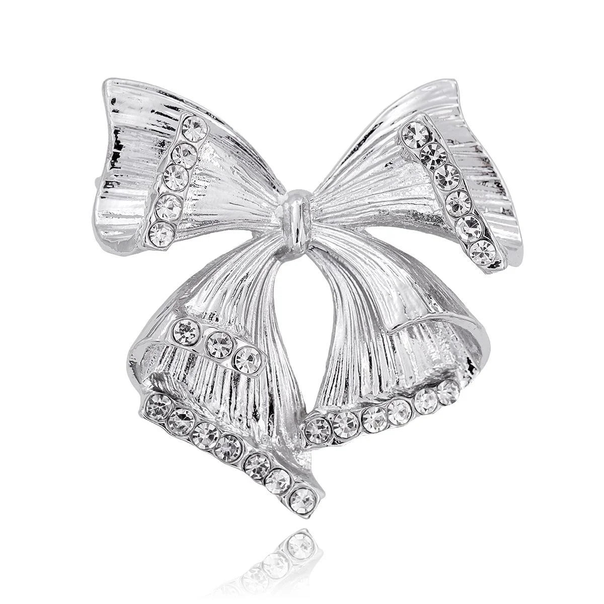 Elegant Silver Alloy Bow Brooch With Sparkling Rhinestones, Women's Lapel Pin Corsage Suit Accessory Gift