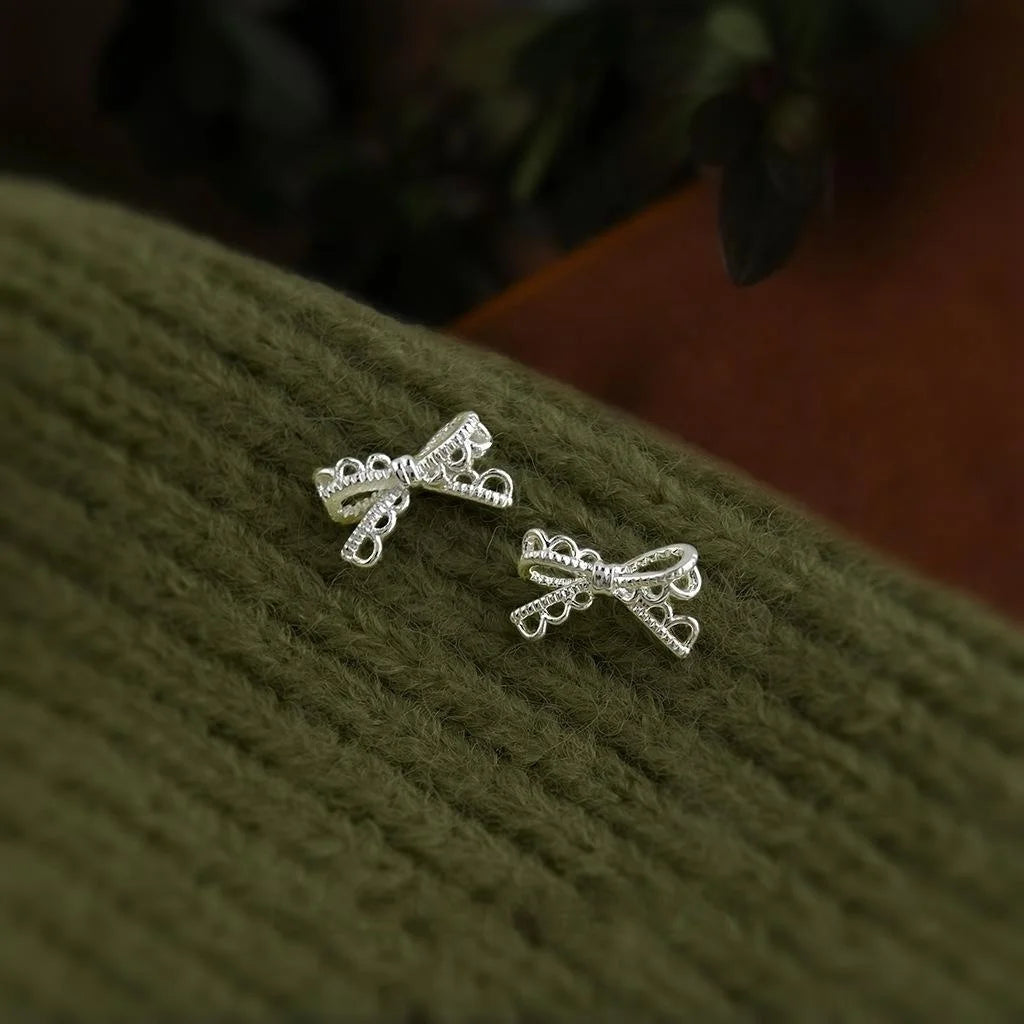 Minimalist Lace Style Hollow Bow Geometric Copper Stud Earrings
