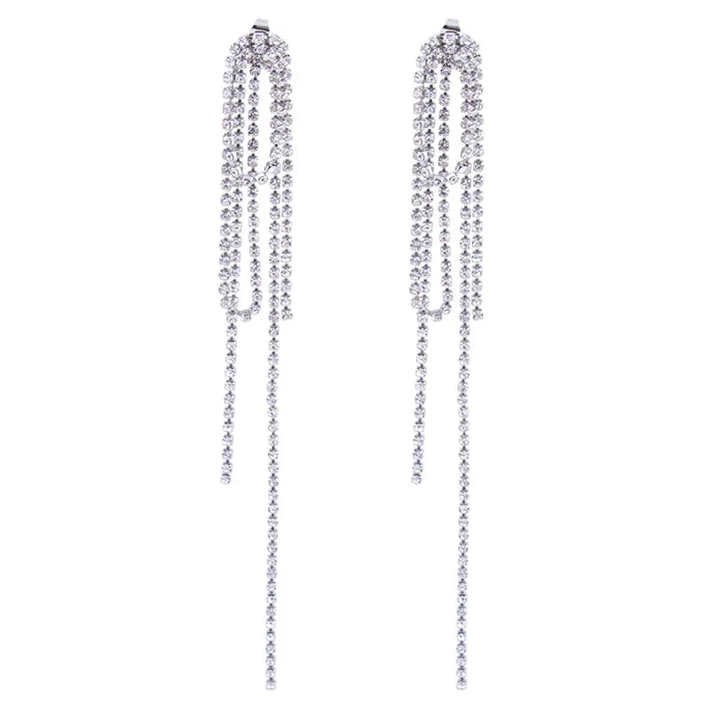 Luxury Long Rhinestone Tassel Swirl Back Drop Stud & Clip On No Piercing Statement Earrings