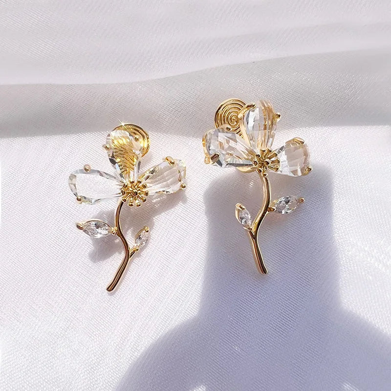 Elegant Crystal Zircon Flower Stem Stud & Clip On No Piercing Gold Alloy Women's Fashion Earrings