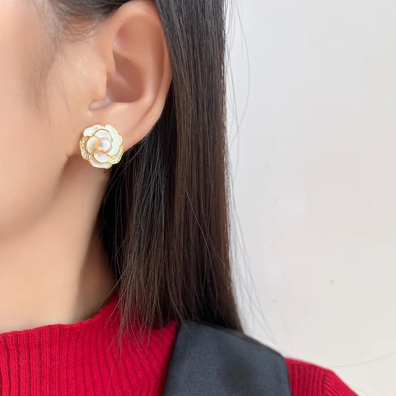 Elegant Luxury White Camellia Flower Pearl Enamel Rhinestone Stud & Clip On No Piercing Earrings