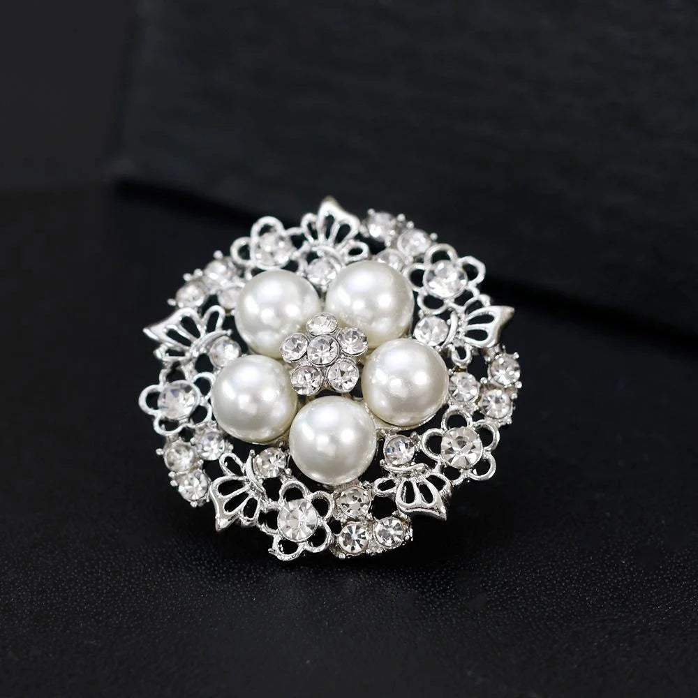 Elegant Floral Alloy Brooch With Faux Pearl And Rhinestone Cluster, Women's Lapel Pin Corsage Gift