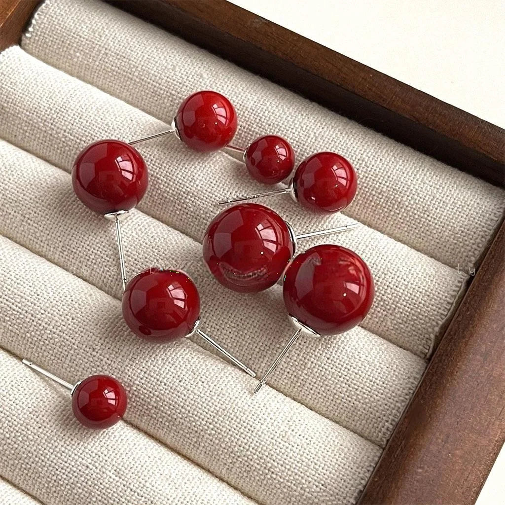 Burgundy Vintage Hong Kong Style Round Glass Pearl Copper Stud Earrings
