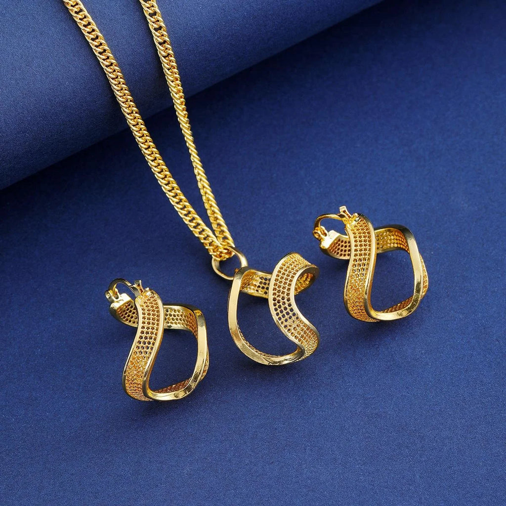 24K Gold Plated Alloy Twisted Geometric Earrings And Necklace Jewelry Set, Luxury Bridal Wedding Party Gift