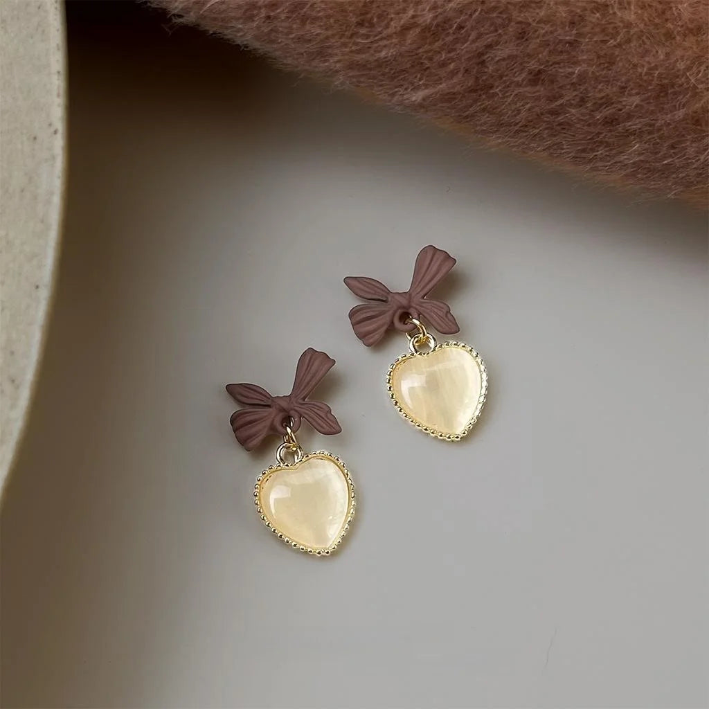 Vintage Artistic Lacquered Glass Cat Eye Stone Heart Bow Drop Earrings