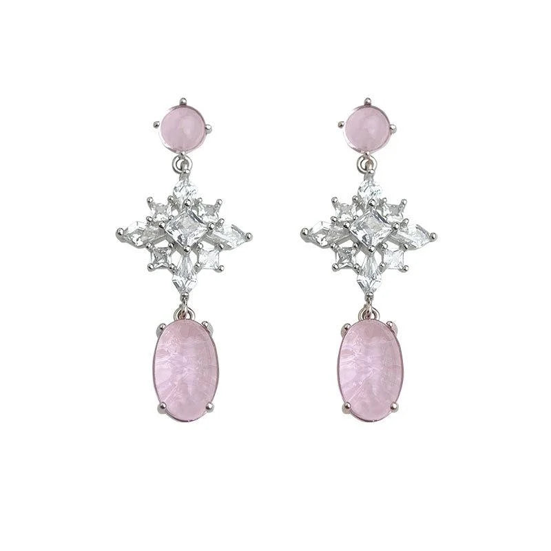 Chic Pink Zircon Flower Snowflake Long Tassel Drop Earrings With Copper