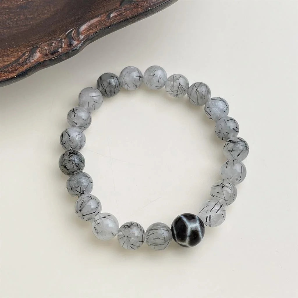 Natural Black Rutilated Quartz Beaded Bracelet New Chinese Vintage Geometric Round Design