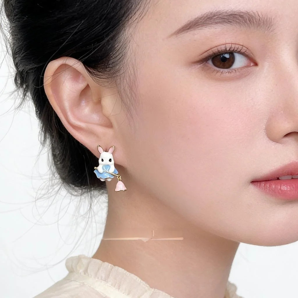Cute Rabbit Fairy Enamel Hand Painted Eco-Friendly Copper Lolita Stud Earrings