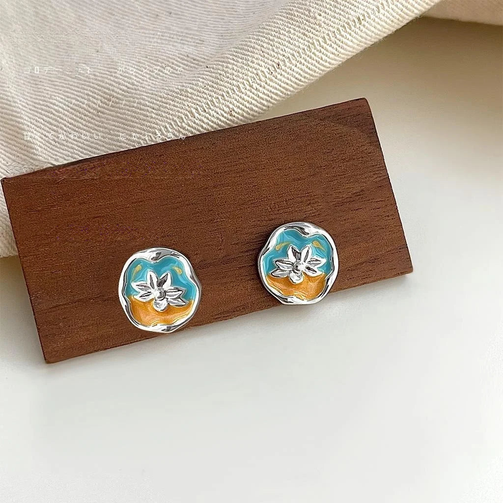Vintage French Enamel Lotus Flower Copper Stud Earrings Irregular Geometric Jewelry