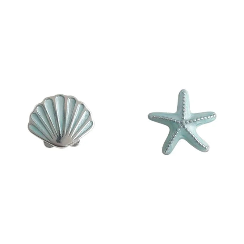 Mini Asymmetric Starfish Shell Copper Stud Earrings, Cute Silver Plated Minimalist Jewelry