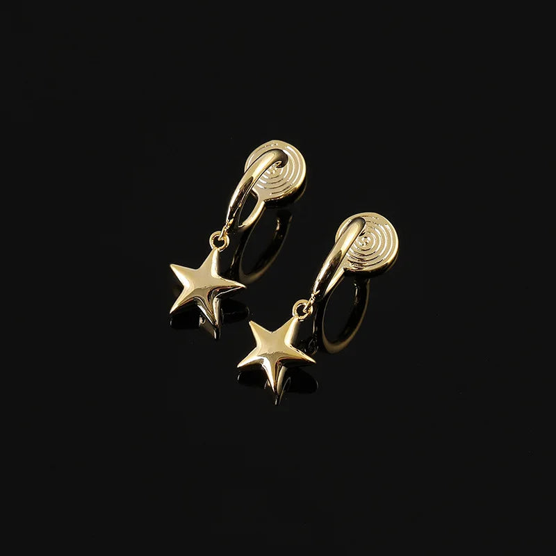 Elegant Luxury Gold Alloy Spiral Disk Five Point Star Charm Stud & Clip On No Piercing Drop Earrings