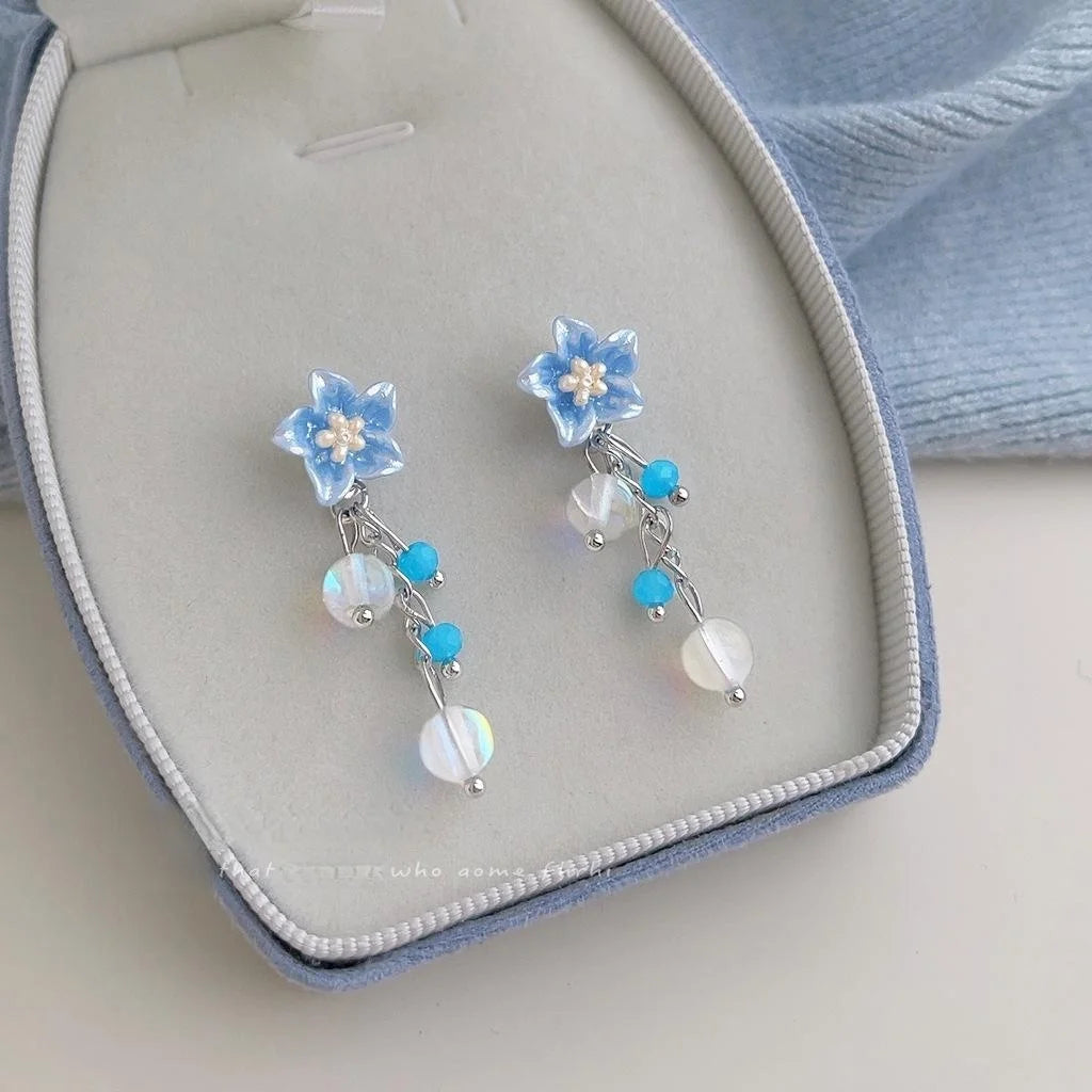 Handmade Blue Flower Glass Crystal Tassel Drop Earrings For Women Fresh Summer Style