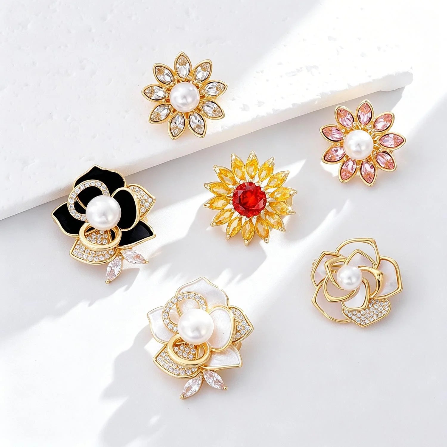 Elegant Camellia Sunflower Brooch With Pearl Rhinestone Alloy Flower Lapel Pin Corsage Suit Accessory Gift