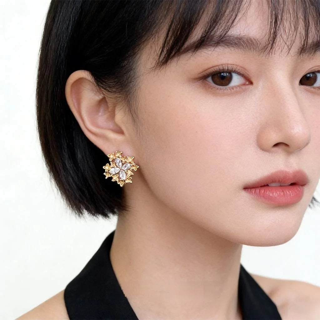 Light Luxury Zircon Inlaid Flower Petal Copper Drop Earrings