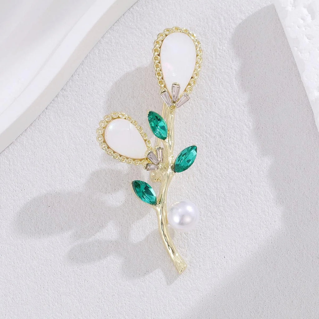 Elegant Mother Of Pearl Flower Bouquet Brooch With Green Rhinestone Leaves, Women's Lapel Pin Gift