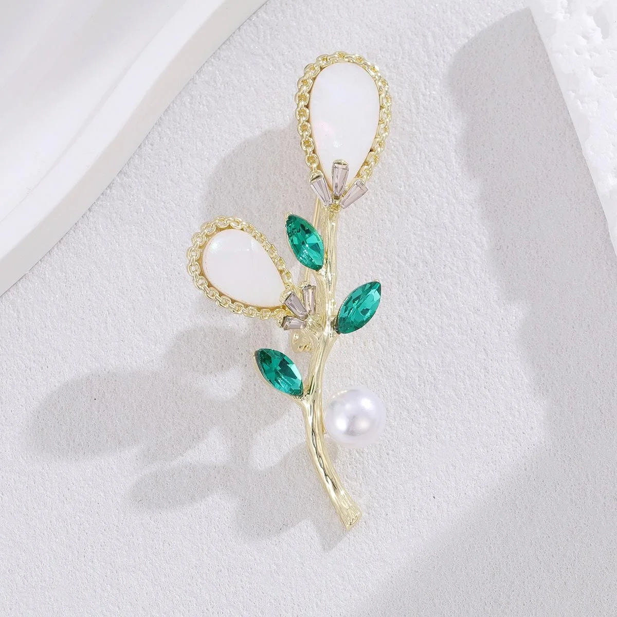 Elegant Mother Of Pearl Flower Bouquet Brooch With Green Rhinestone Leaves, Women's Lapel Pin Gift