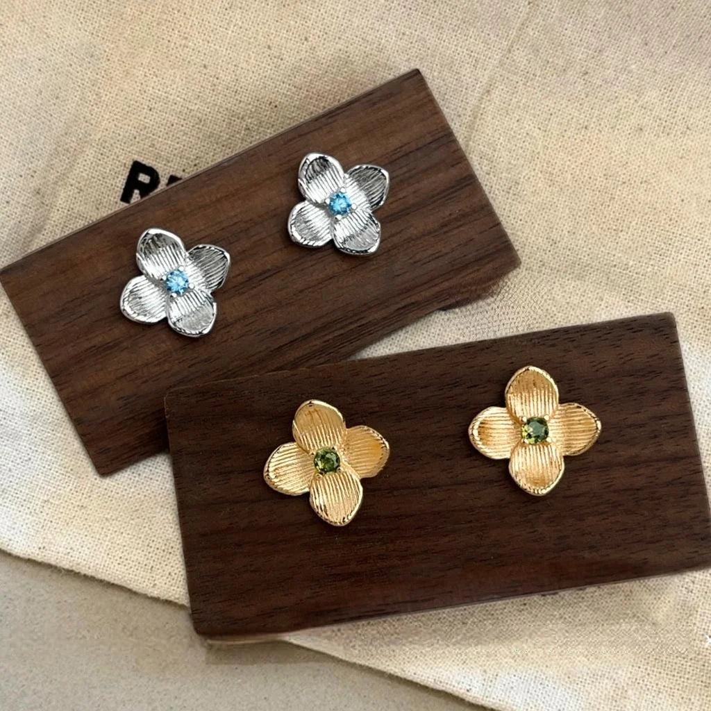 Sweet Floral Micro Pave Zircon Copper Stud Earrings 14K Plated Brushed Peach Blossom Jewelry
