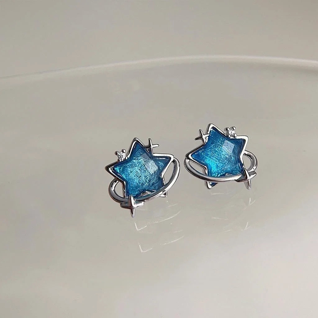 Blue Glass Five Point Star Stud Earrings Silver Plated Sweet Cool Geometric Jewelry