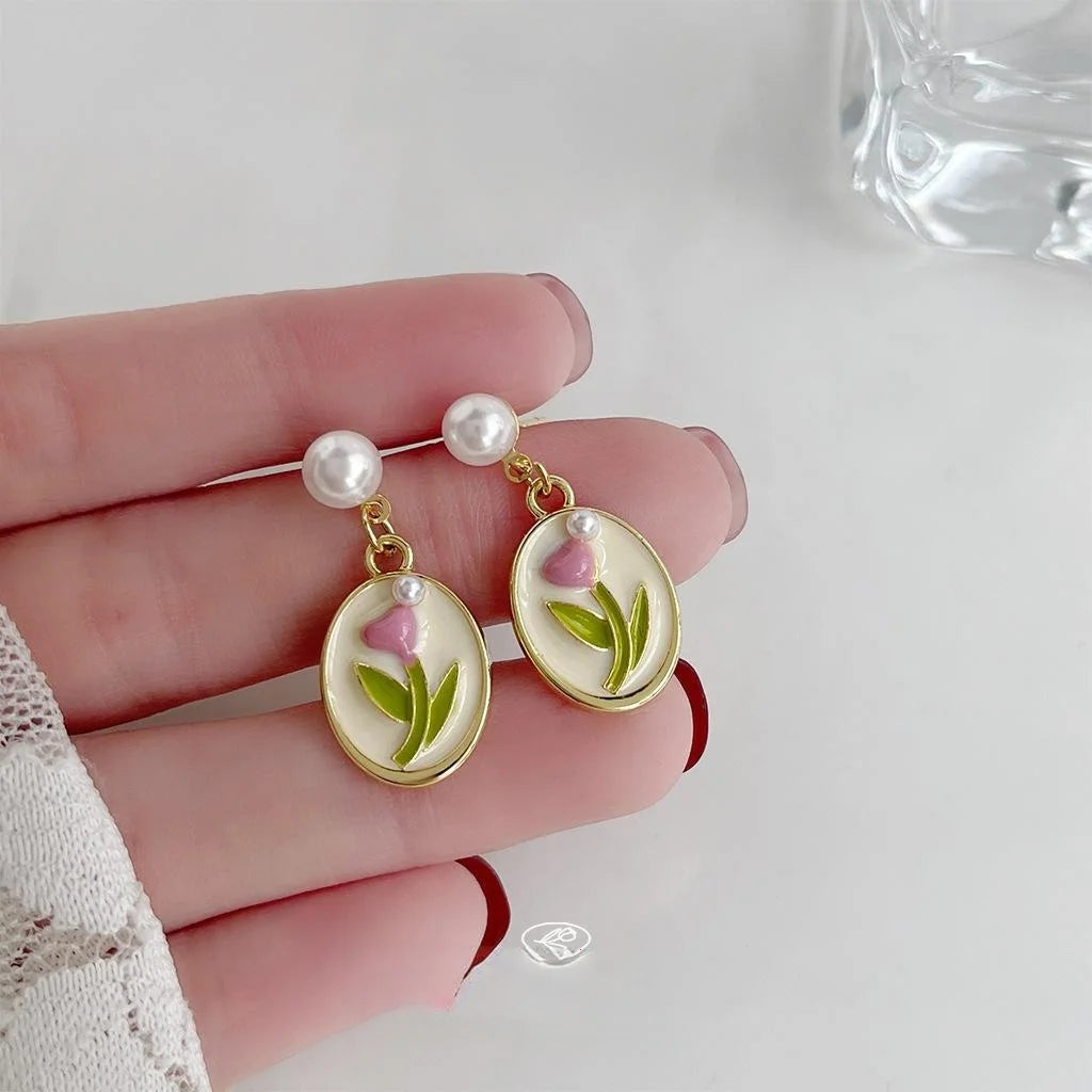 14K Gold Plated Copper Pearl Tulip Enamel Drop Earrings Forest Style Sweet Floral Jewelry