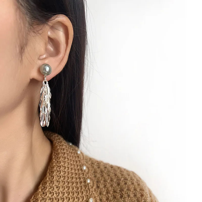 Elegant Silver Alloy Wheat Leaf Tassel Gray Pearl Stud & Clip On No Piercing Face Slimming Earrings