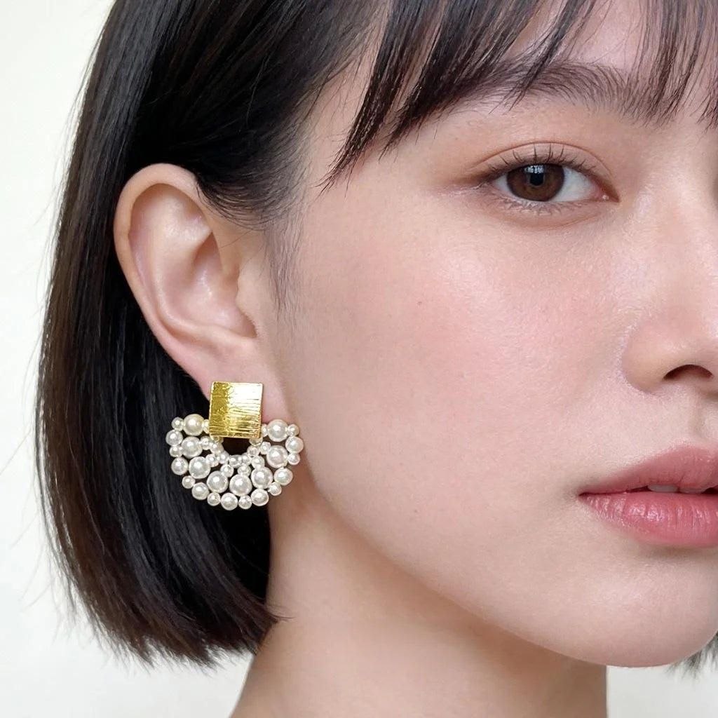 High Gloss Pearl Handmade Woven Flower Drop Earrings, Sweet Elegant Skirt Lace Design