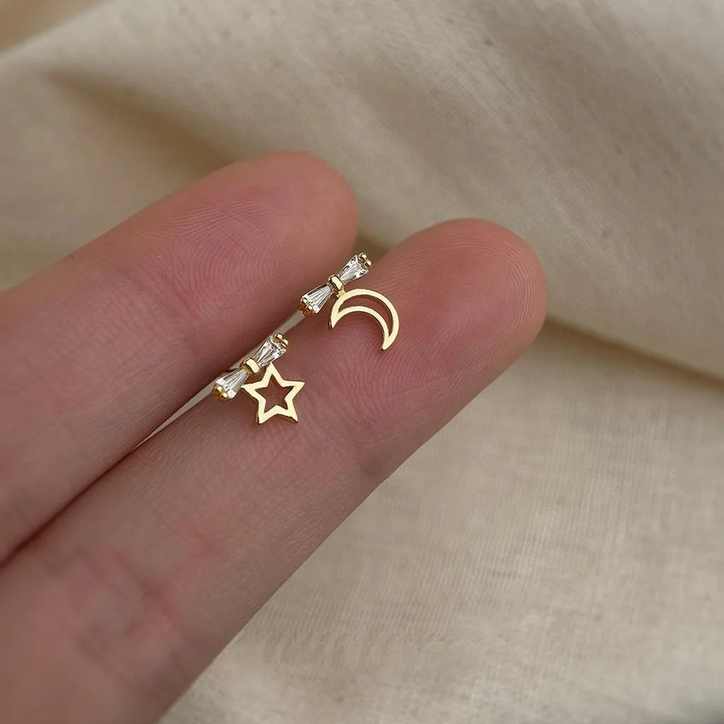 14K Plated Copper Asymmetric Star Moon Micro Pave Zircon Stud Earrings