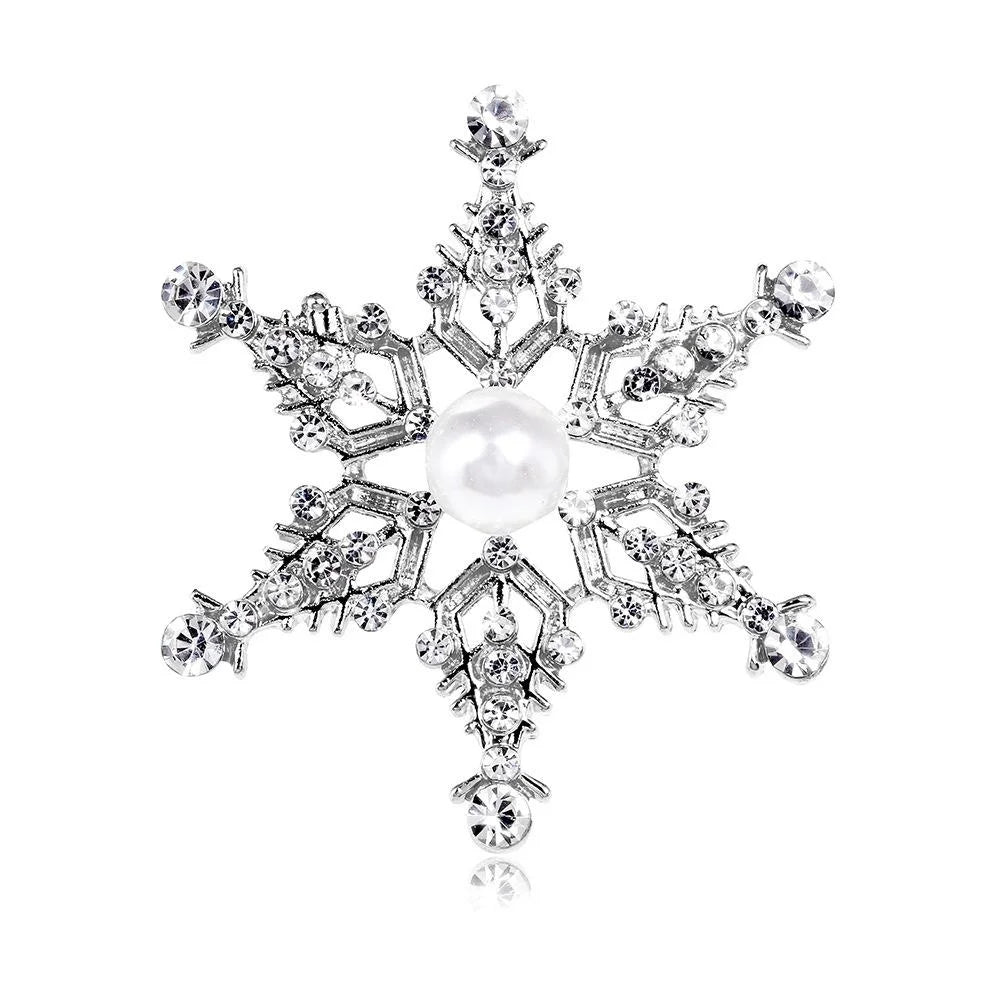 Elegant Alloy Rhinestone Snowflake Star Brooch With Faux Pearl Center, Luxury Lapel Pin Corsage Gift