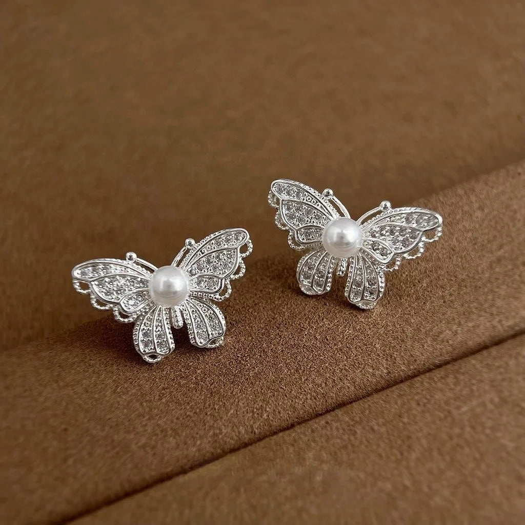Fashion Light Luxury Micro Pave Zircon Pearl Butterfly Stud Earrings In Eco-Friendly Copper