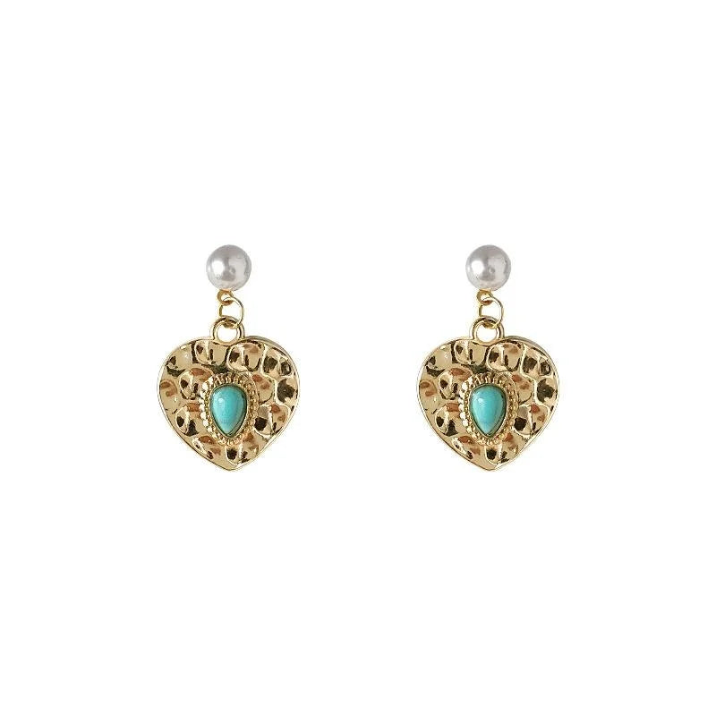 Vintage Court Style Synthetic Turquoise Heart Stud Earrings Copper Metal