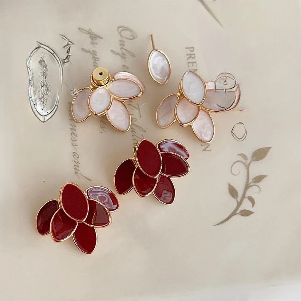 French Vintage Burgundy Enamel Copper 3D Leaf Two-Way Designer Drop Earrings