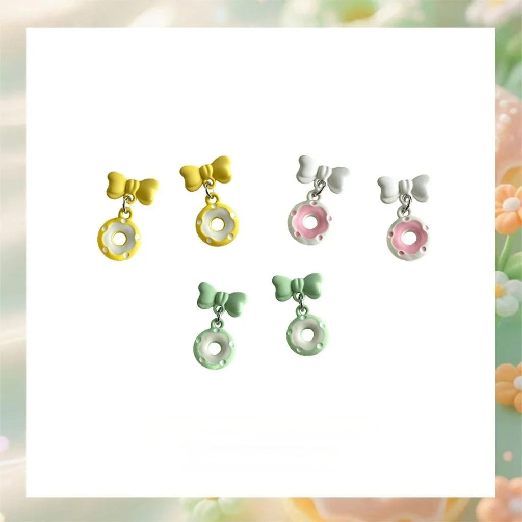 Cute Fresh Bow Donut Drop Earrings Copper Alloy Enamel Silver Plated Needle Jewelry