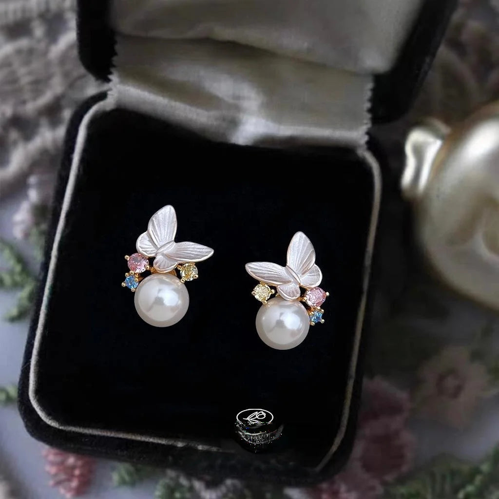 Sweet Butterfly Drop Earrings For Women Copper Glass Pearl Micro Pave Colorful Zircon Summer Jewelry