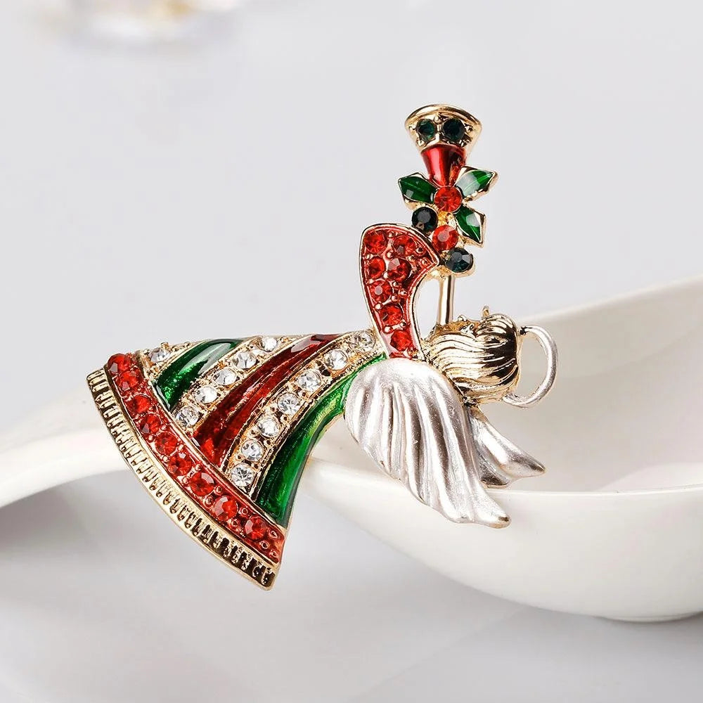 Luxury Christmas Angel Blowing Trumpet Alloy Enamel Rhinestone Brooch, Elegant Lapel Pin Corsage Gift