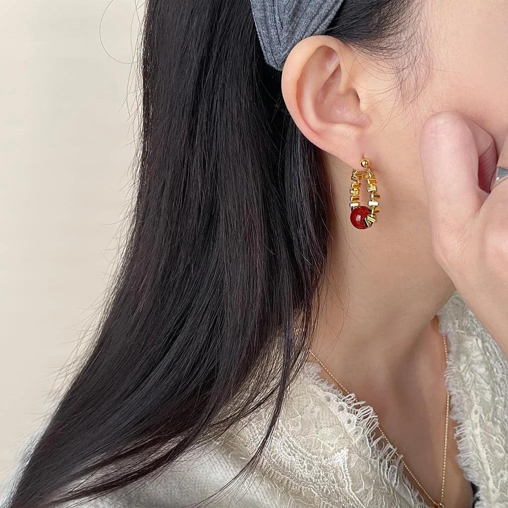 Light Luxury Red Agate Natural Stone Geometric Round Copper Drop Earrings