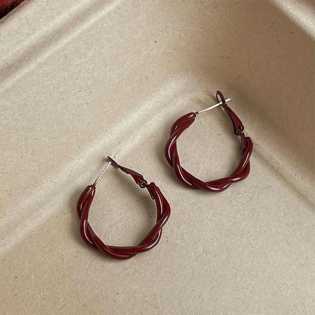 French Vintage Burgundy Enamel Twisted Copper Hoop Earrings Geometric Round Jewelry