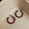 French Vintage Burgundy Enamel Twisted Copper Hoop Earrings Geometric Round Jewelry
