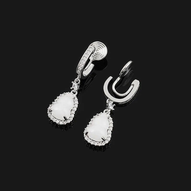 Vintage Chinese Gourd Teardrop Alloy Rhinestone Stud & Clip On No Piercing Dangle Earrings