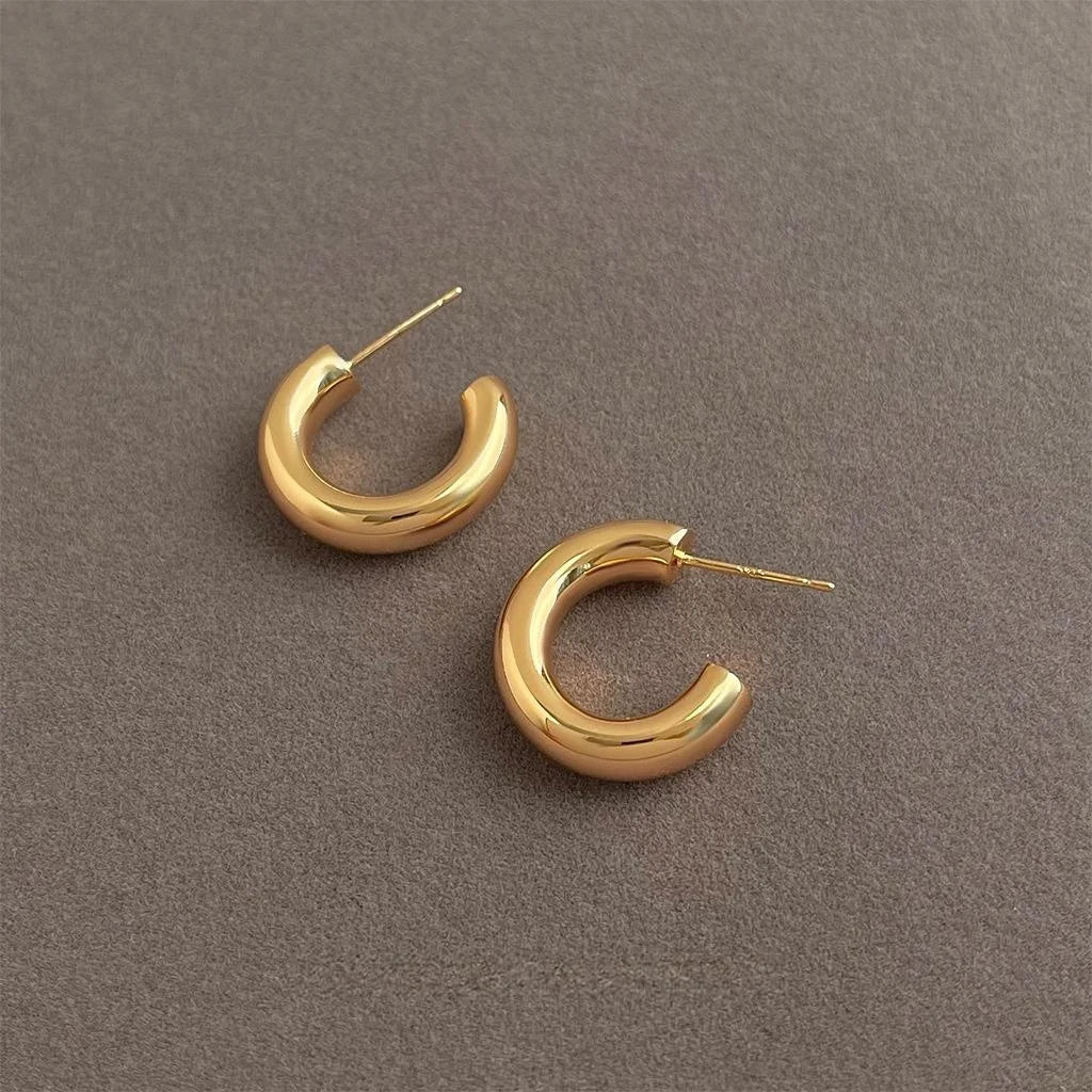 Minimalist 14K Plated Copper C-Shaped Round Geometric Drop Earrings