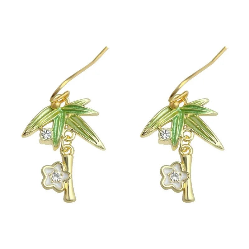 New Chinese Style Copper Bamboo Leaf Drop Earrings Minimalist Artistic Long Earrings for Women